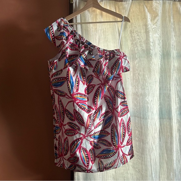 J. Crew Linen One Shoulder Ruffle Mini Dress Tropical Leaf Print NWT Size L - Picture 2 of 7